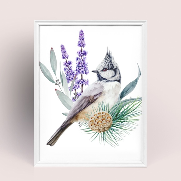 Watercolor Wall Art Print Crested Tit Illustration Unframed - Picture 6 of 17
